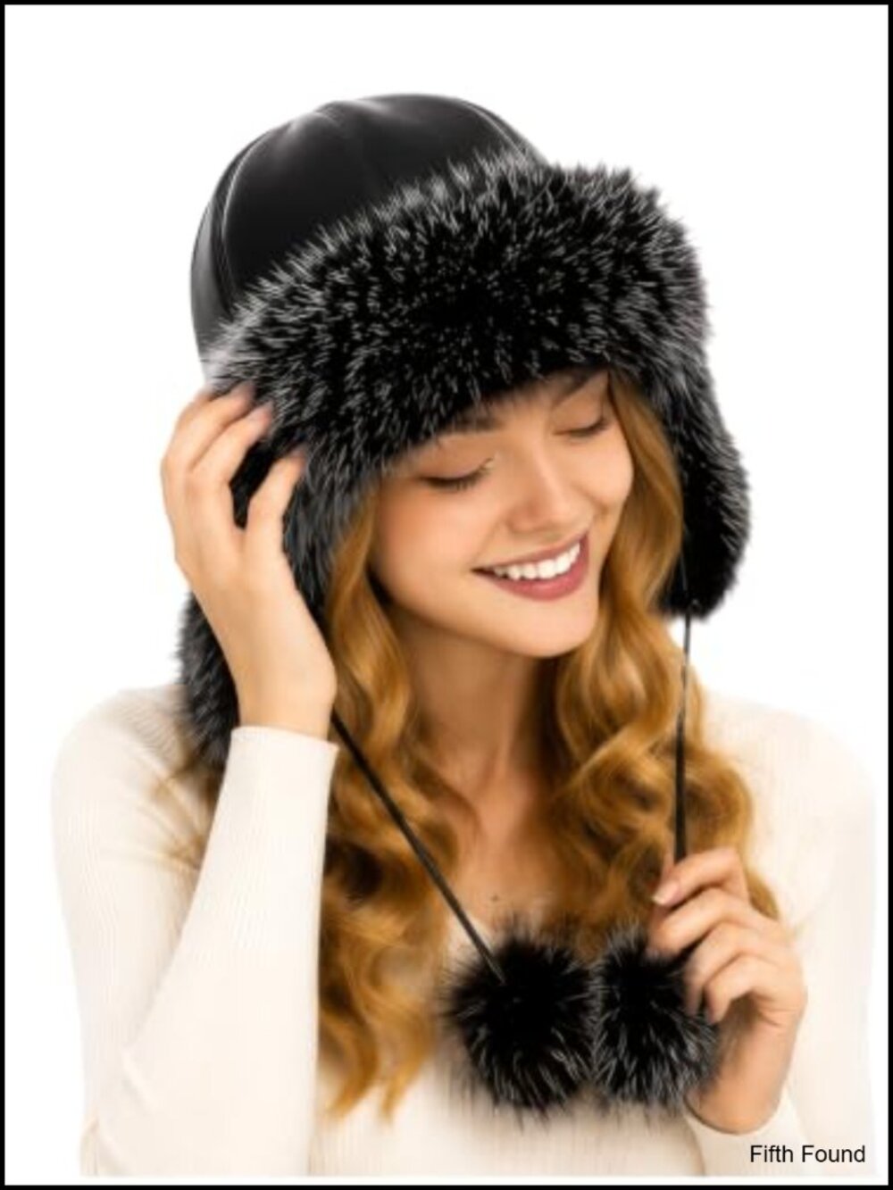 Faux Leather Winter Bucket Hat with Faux Fur Trim & Pom-Poms